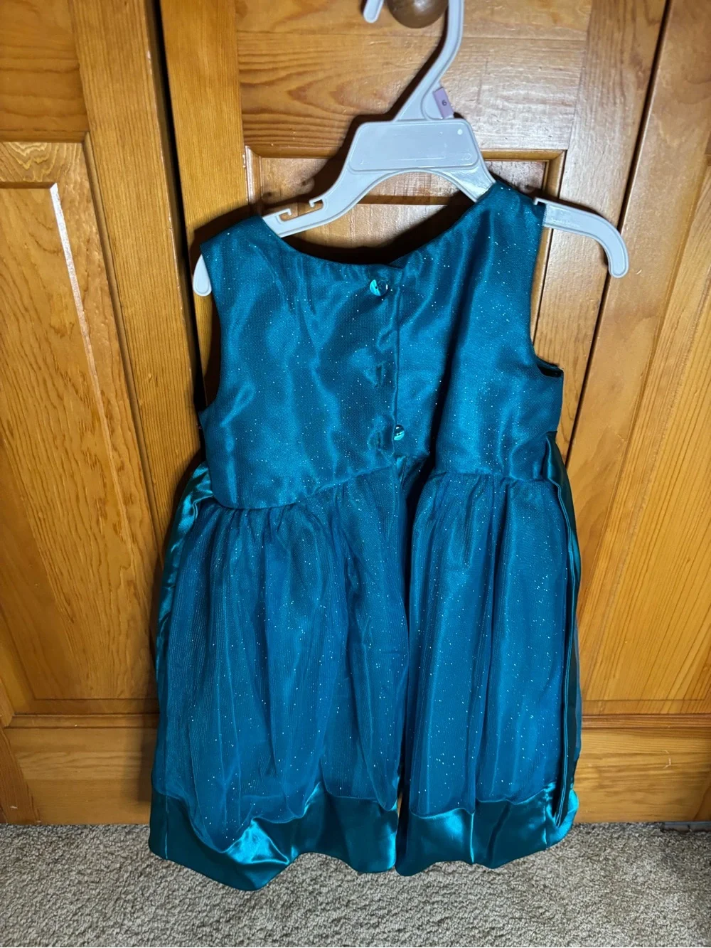 Sweet Heart Rose Teal Sparkle Satin Bow Dress